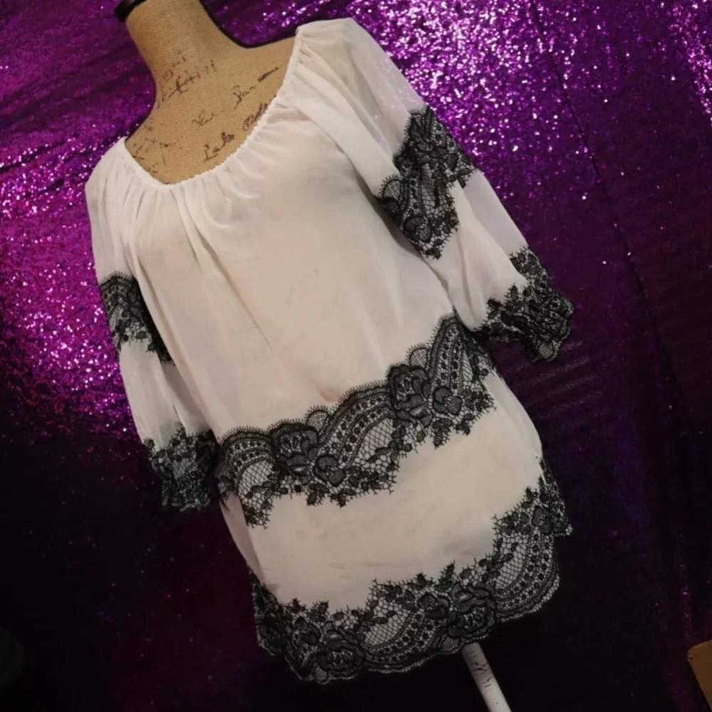 White Lace Trim Blouse 2 INC International Concepts Women Off Shoulder Chiffon